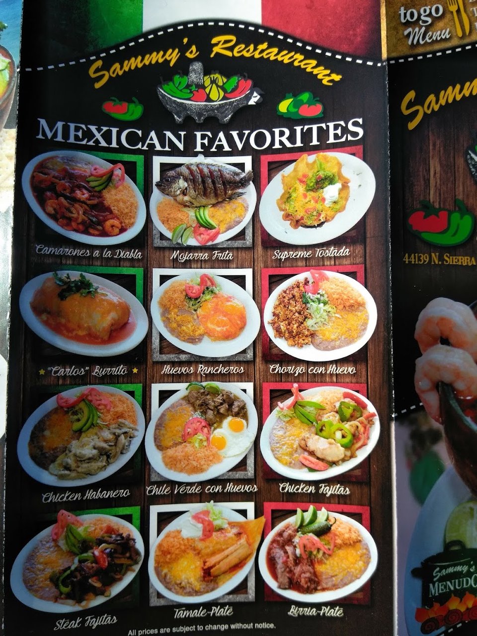 Mexican breakfast dishes listed on a menu.