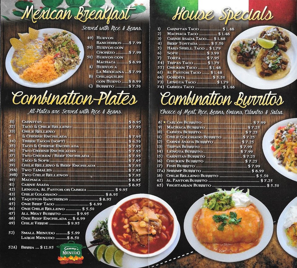 Combination plates and burritos on menu boards.